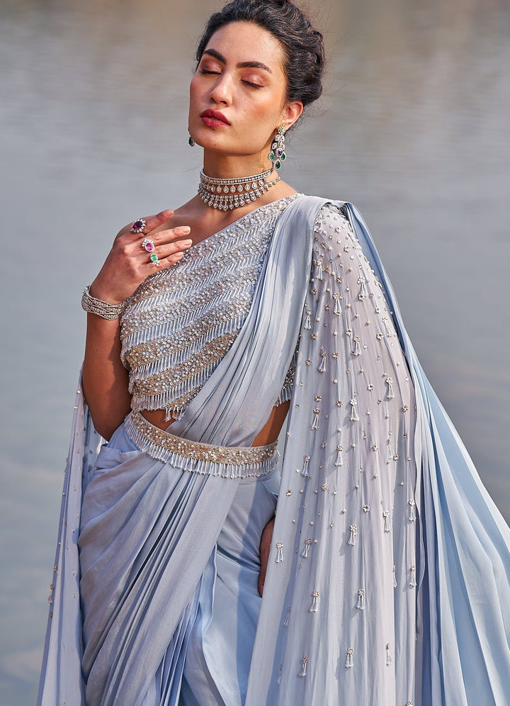 Powder Blue Sequinned Saree With One Shoulder Blouse Nidhika Shekhar - Fabilicious Fashion
