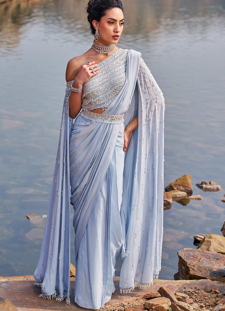 Powder Blue Sequinned Saree With One Shoulder Blouse Nidhika Shekhar - Fabilicious Fashion