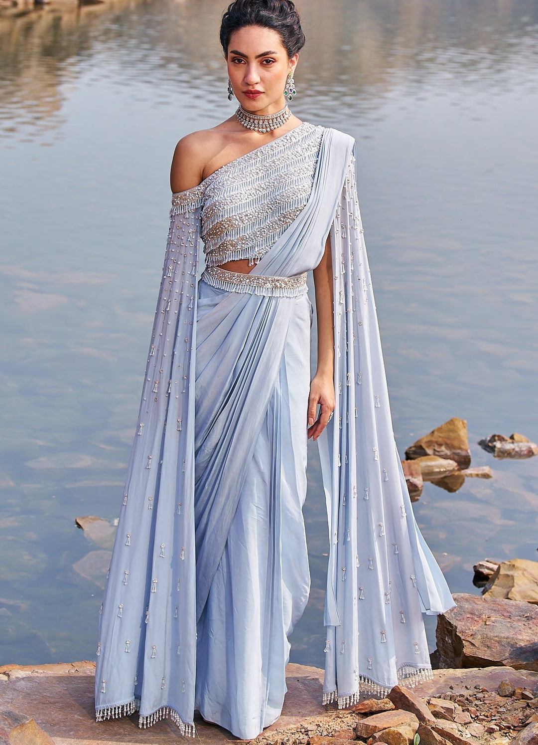Powder Blue Sequinned Saree With One Shoulder Blouse Nidhika Shekhar - Fabilicious Fashion