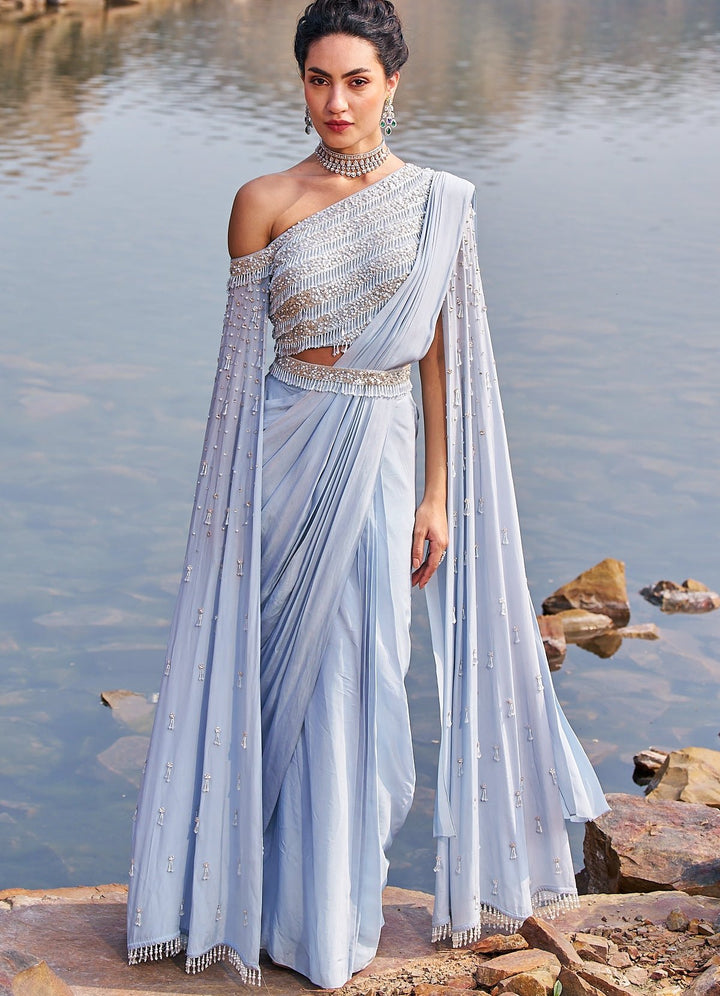 Powder Blue Sequinned Saree With One Shoulder Blouse Nidhika Shekhar - Fabilicious Fashion