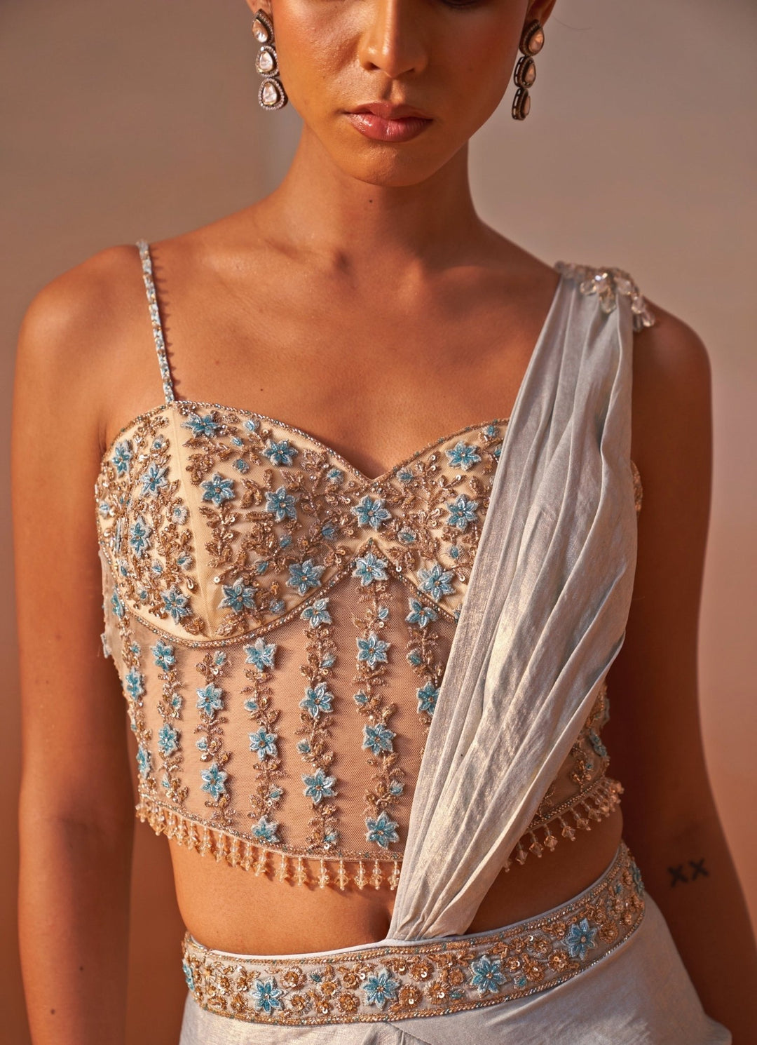 Nitika Gujral Powder Blue Shimmer Satin Pre Draped Saree With Corset BlouseFabilicious Fashion