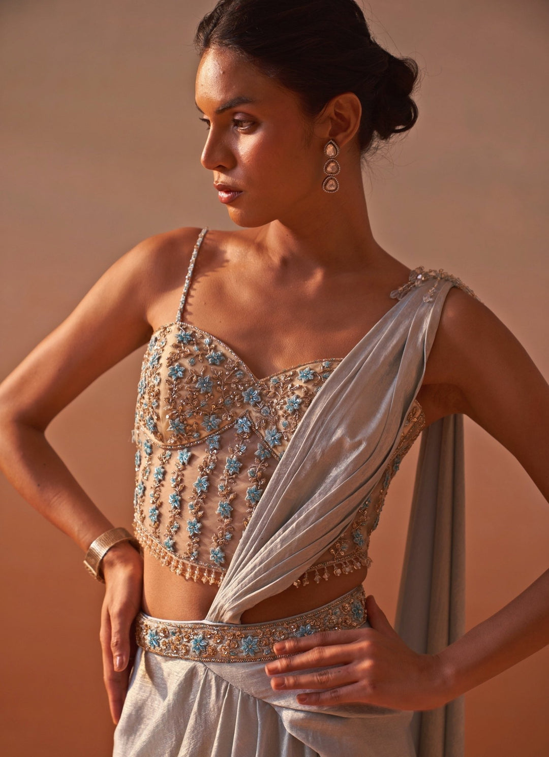 Nitika Gujral Powder Blue Shimmer Satin Pre Draped Saree With Corset BlouseFabilicious Fashion