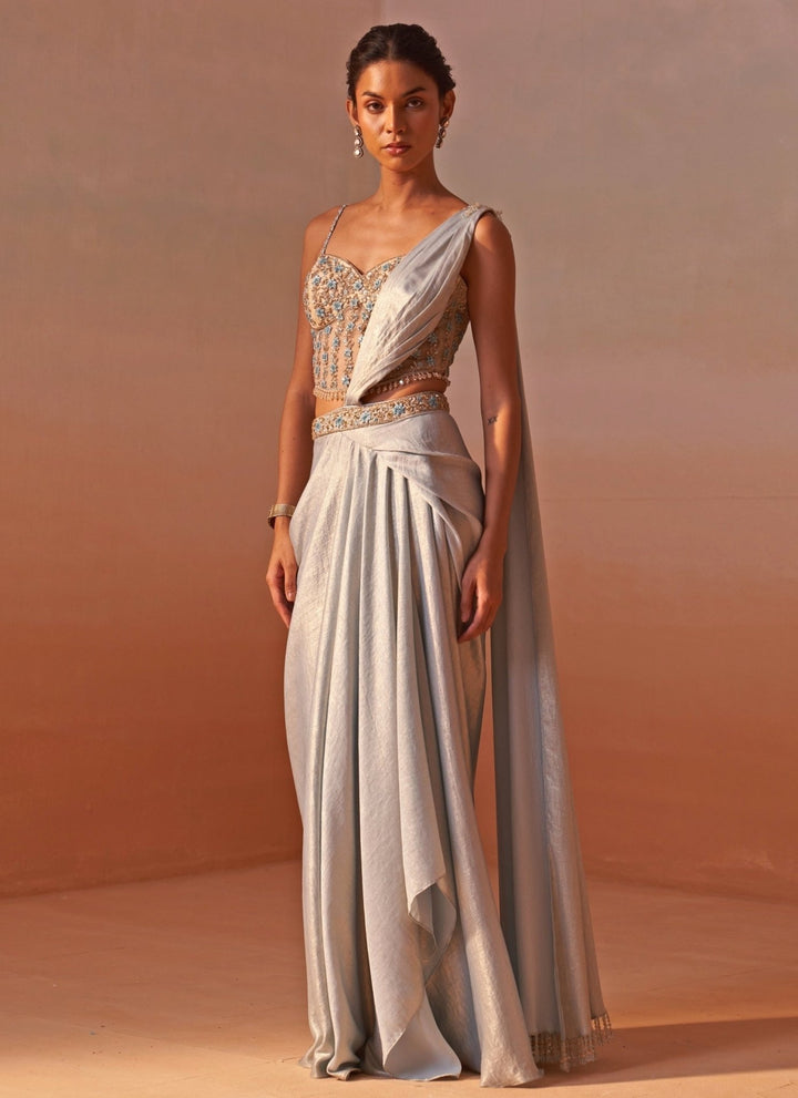 Nitika Gujral Powder Blue Shimmer Satin Pre Draped Saree With Corset BlouseFabilicious Fashion