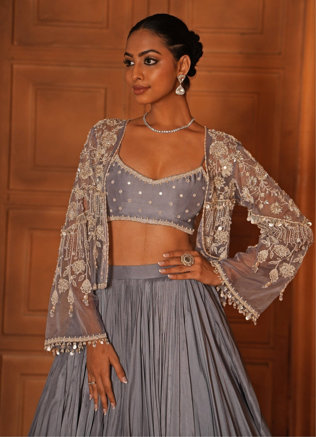 Powder Blue Silk Lehenga With Jacket Enamour by Radha - Fabilicious Fashion