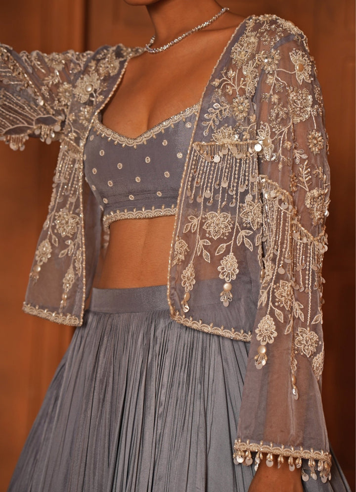 Powder Blue Silk Lehenga With Jacket Enamour by Radha - Fabilicious Fashion