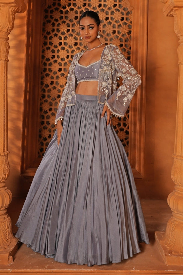 Powder blue silk lehenga with jacket for a London wedding reception