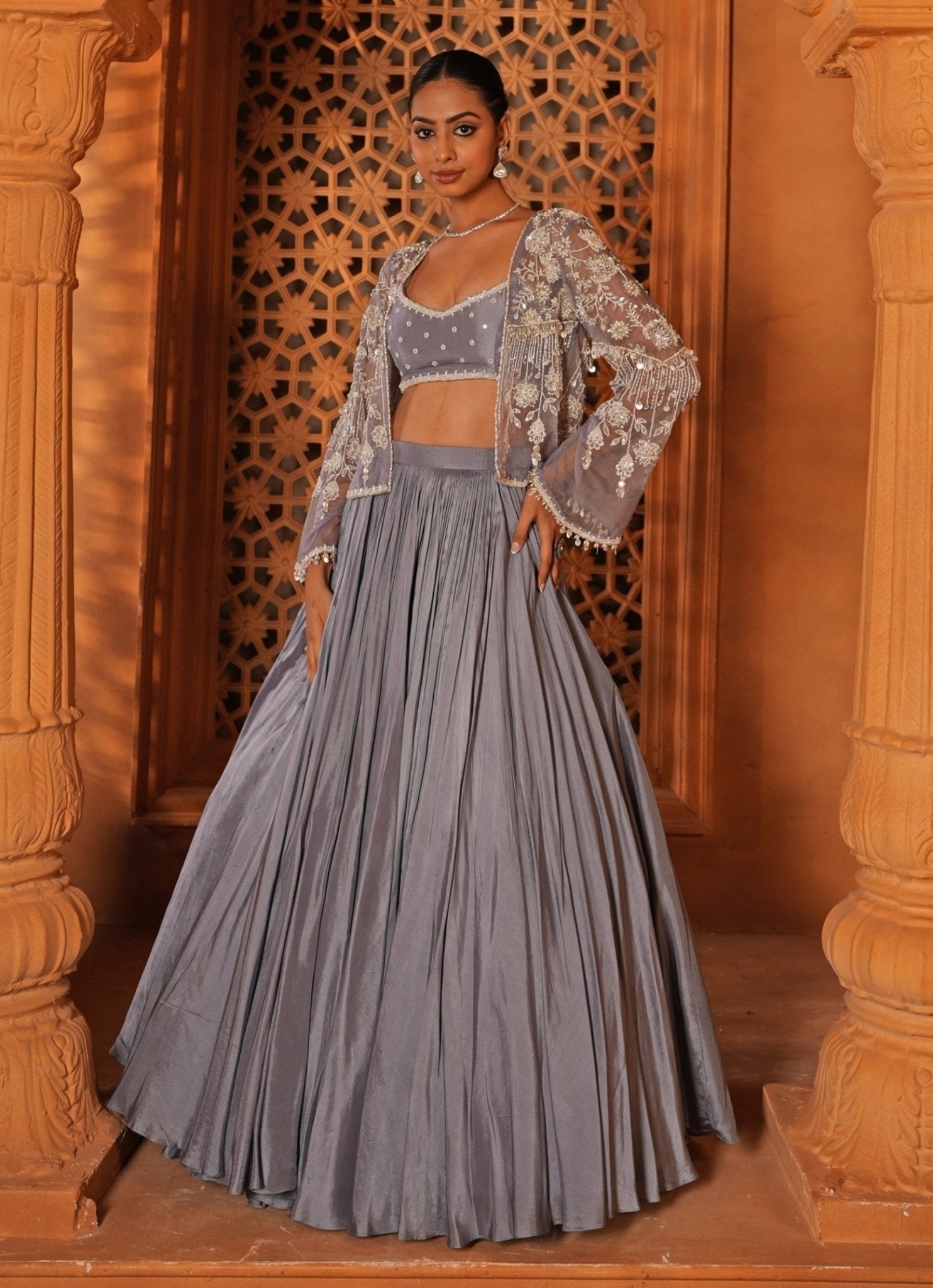 Powder blue silk lehenga with jacket for Sangeet or Mehendi