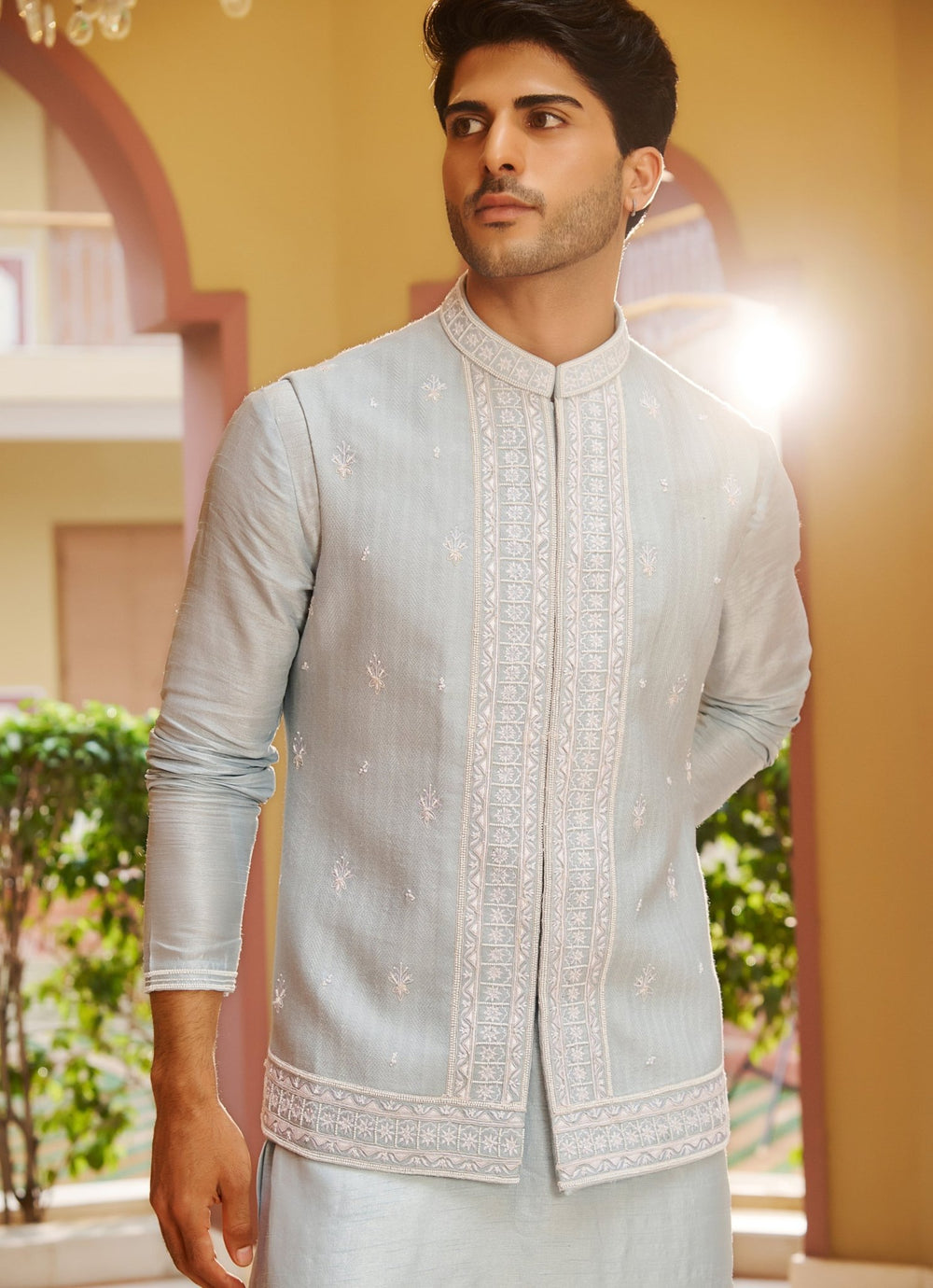 Powder Blue Silk Nehru Jacket Set Contrast By Parth - Fabilicious Fashion