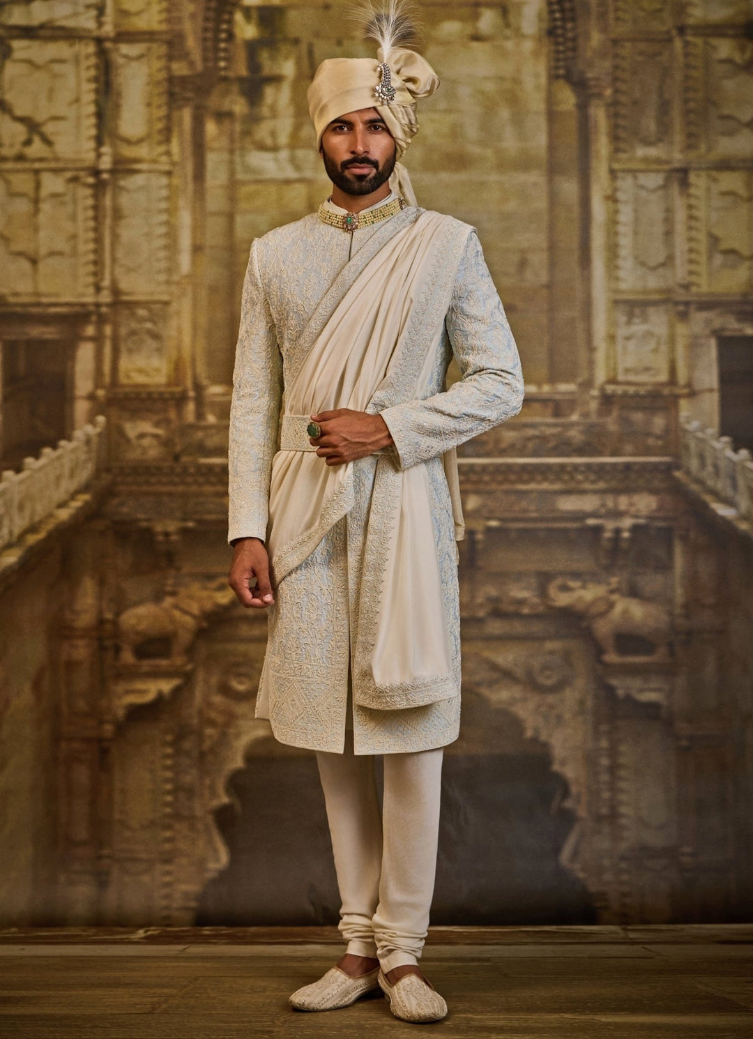Powder Blue Taffeta Sherwani Set Nitika Gujral - Men - Fabilicious Fashion
