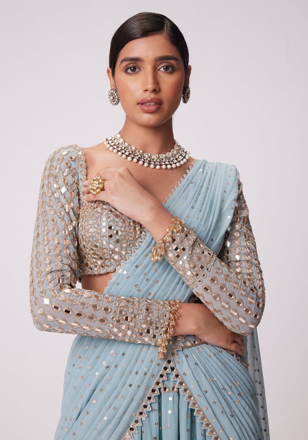 Powder Blue Tiered Saree With Embroidered Full Sleeves Blouse Vvani by Vani Vats - Fabilicious Fashion