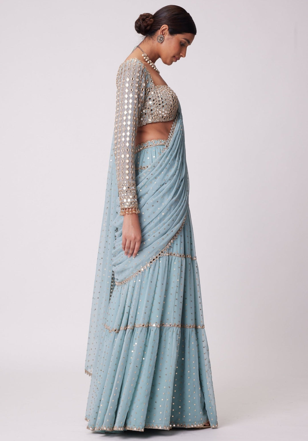 Powder Blue Tiered Saree With Embroidered Full Sleeves Blouse Vvani by Vani Vats - Fabilicious Fashion