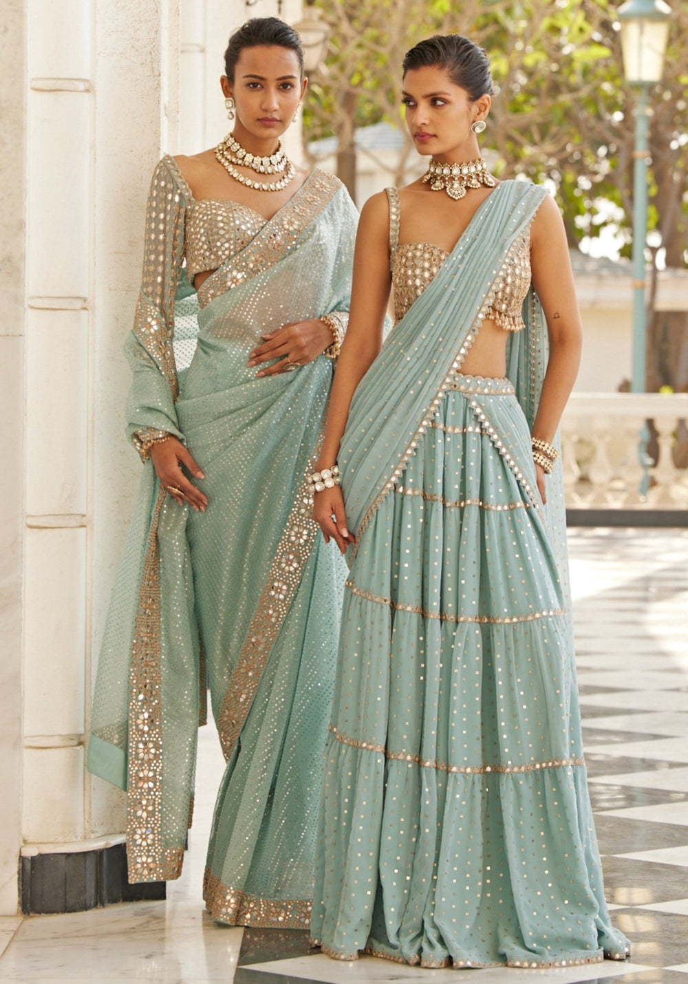 Powder Blue Tiered Saree With Sleeveless Blouse Vvani by Vani Vats - Fabilicious Fashion