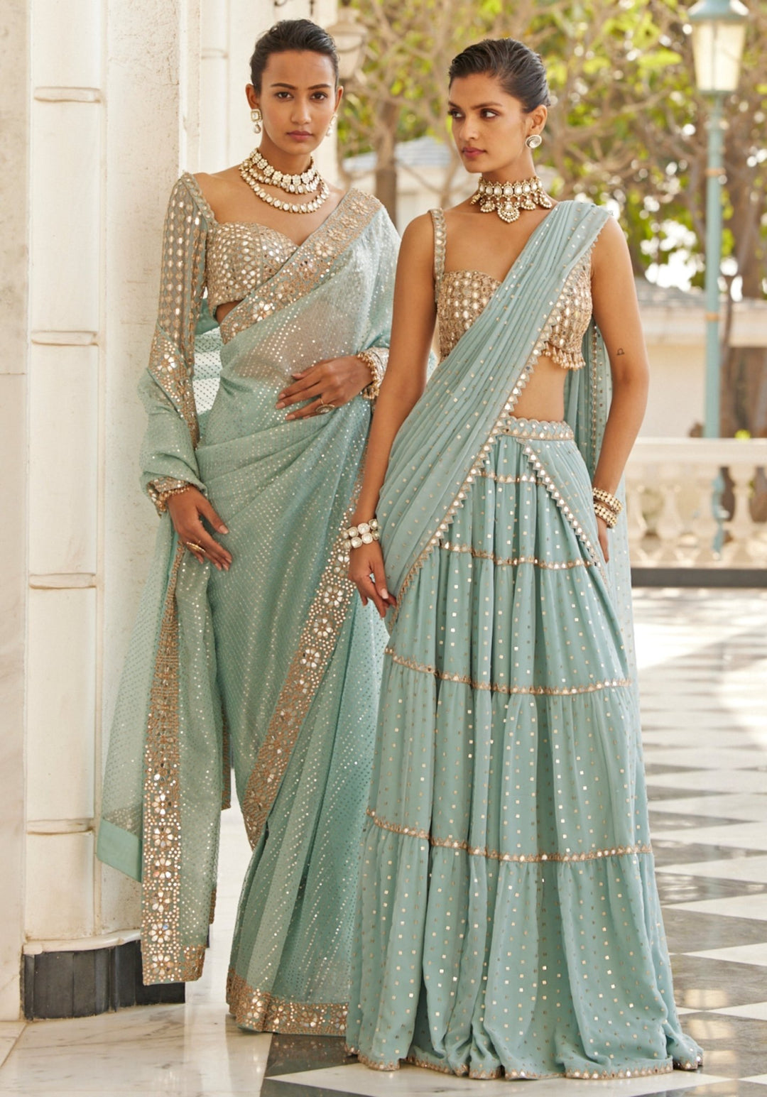 Powder Blue Tiered Saree With Sleeveless Blouse Vvani by Vani Vats - Fabilicious Fashion