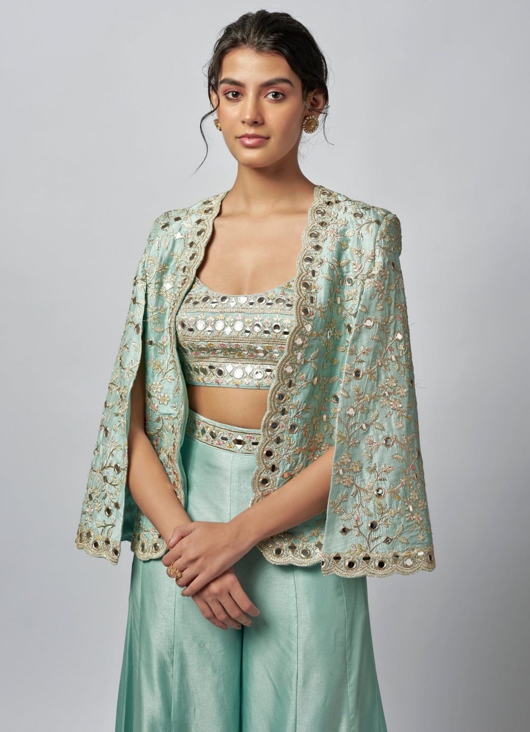 Gopi Vaid Powder Blue Tussar Blouse Sharara Set With JacketFabilicious Fashion