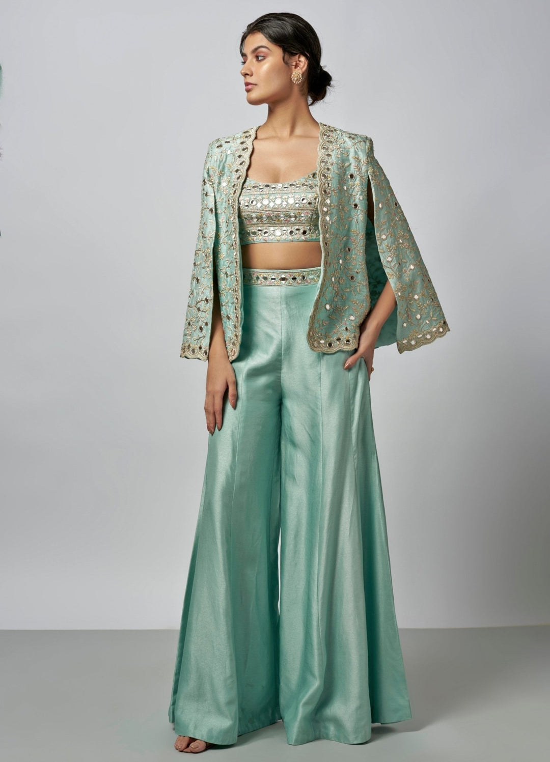 Gopi Vaid Powder Blue Tussar Blouse Sharara Set With JacketFabilicious Fashion