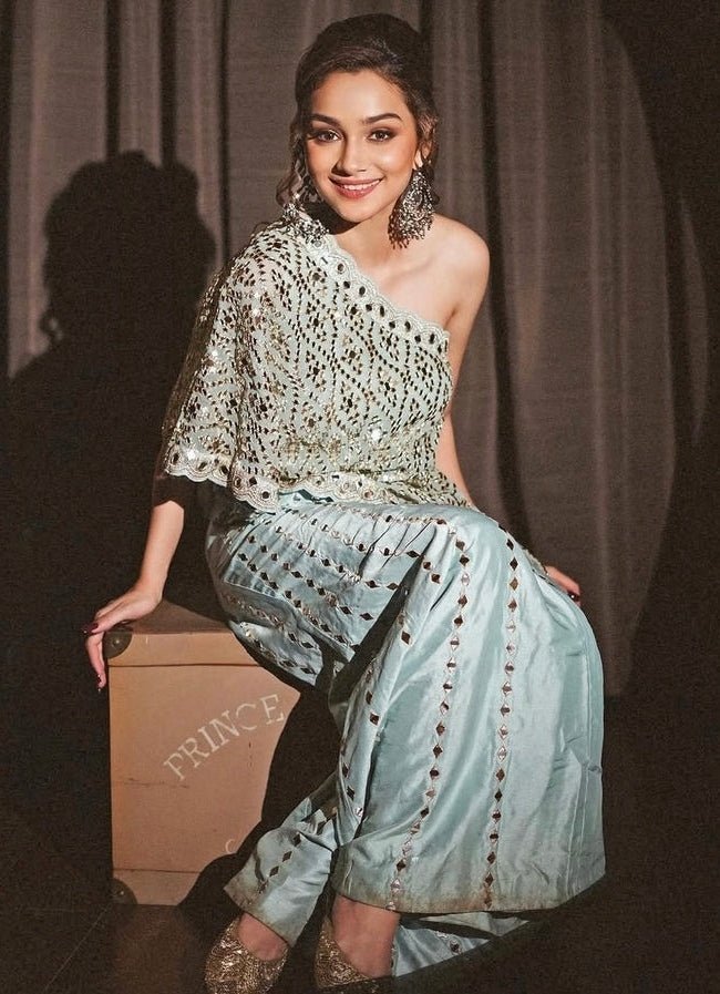 Gopi Vaid Powder Blue Tussar Pants Set With One-Shoulder TopFabilicious Fashion