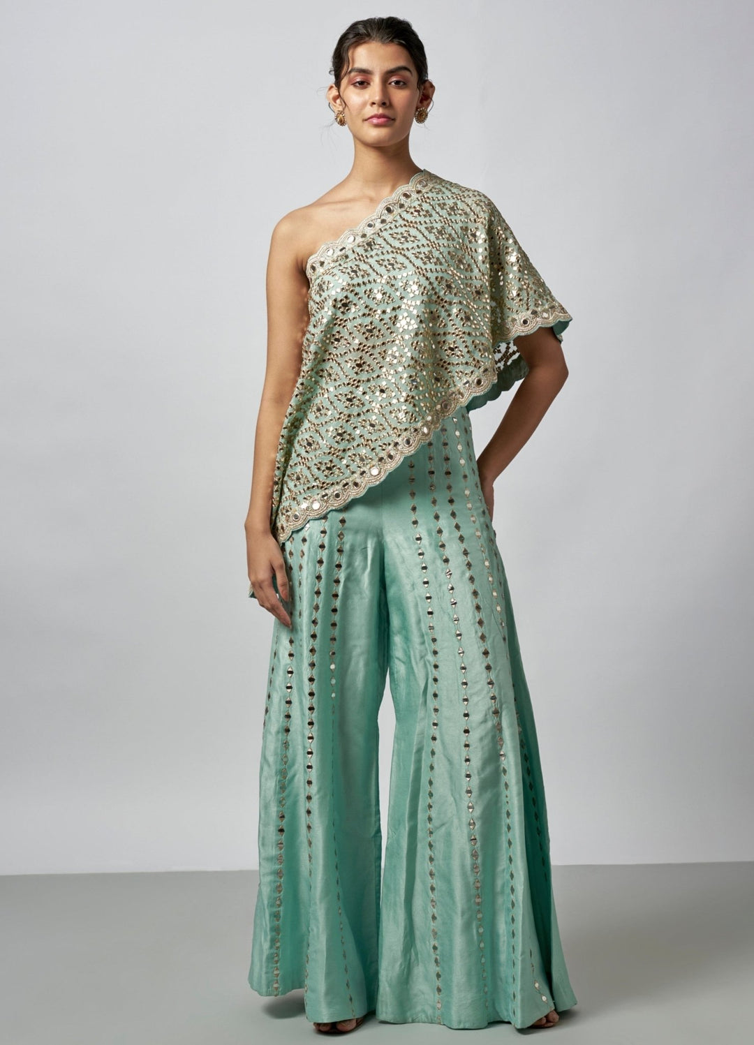 Gopi Vaid Powder Blue Tussar Pants Set With One-Shoulder TopFabilicious Fashion