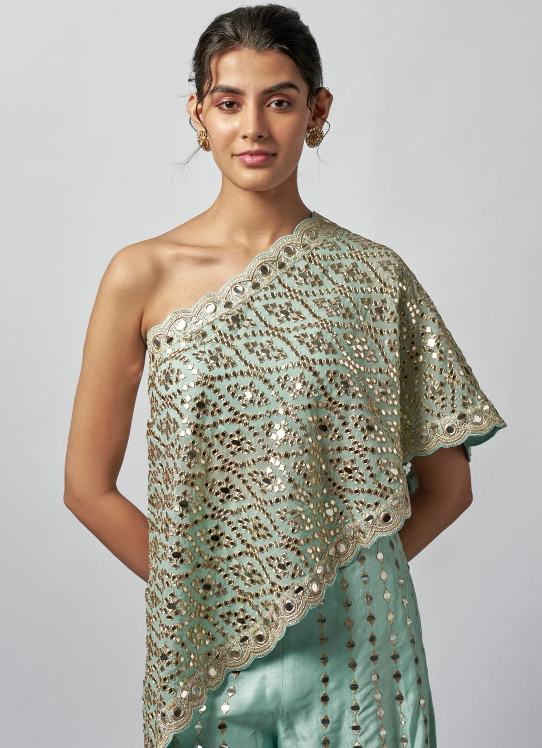Gopi Vaid Powder Blue Tussar Pants Set With One-Shoulder TopFabilicious Fashion