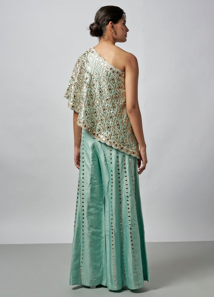 Gopi Vaid Powder Blue Tussar Pants Set With One-Shoulder TopFabilicious Fashion