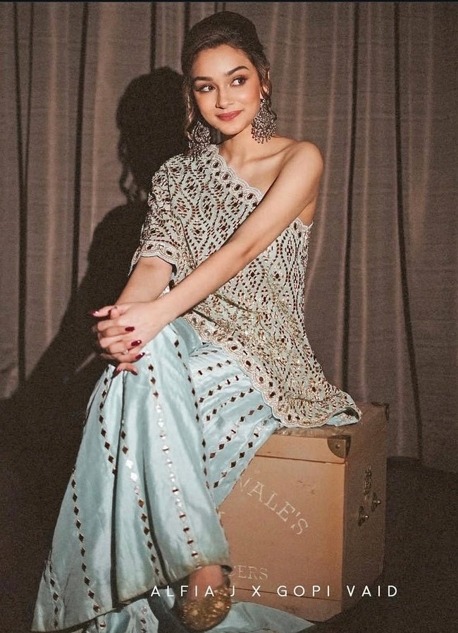 Gopi Vaid Powder Blue Tussar Pants Set With One-Shoulder TopFabilicious Fashion