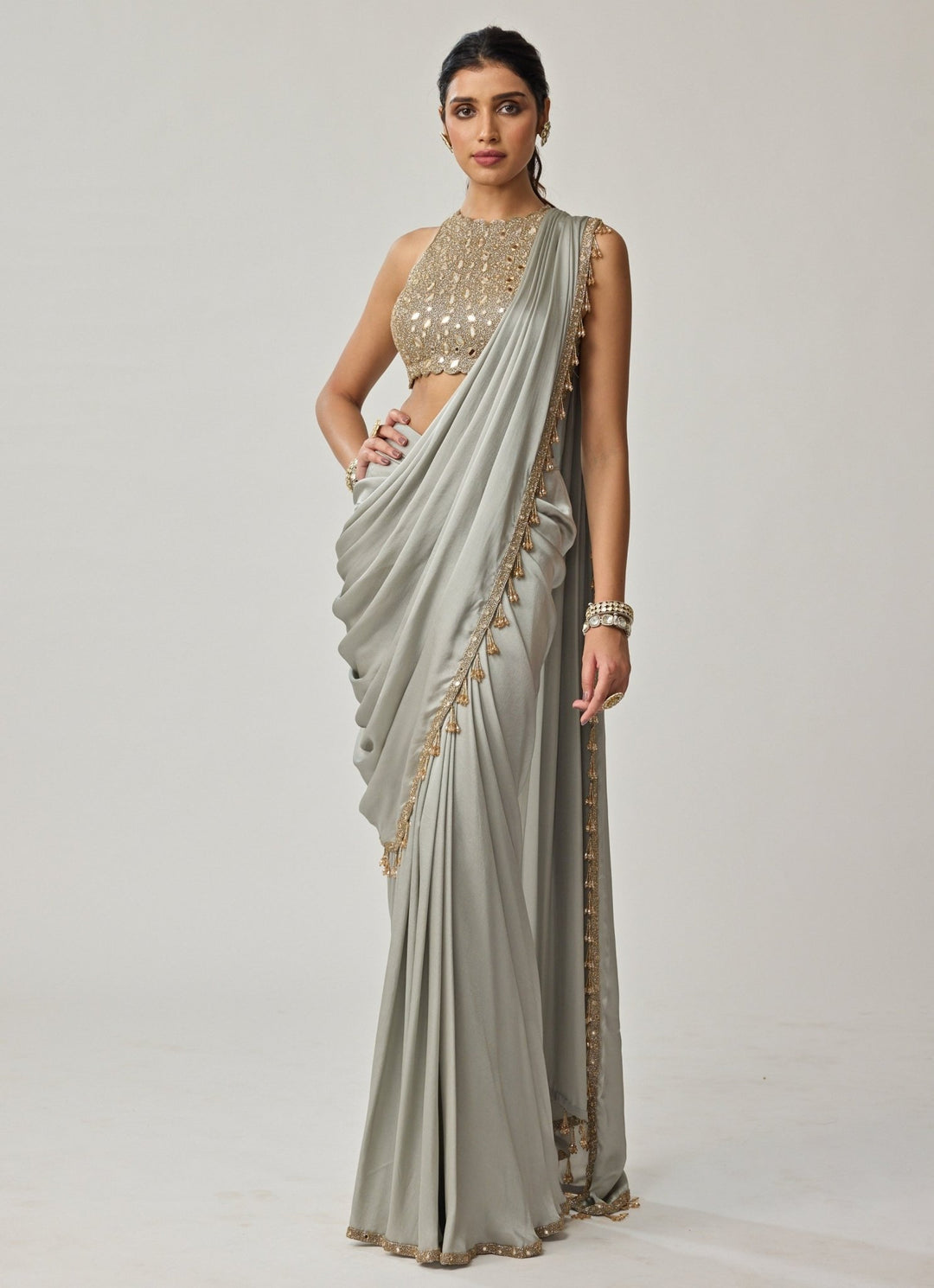 Powder Grey Mirror Embroidered Satin Saree Set Vvani by Vani Vats - Fabilicious Fashion
