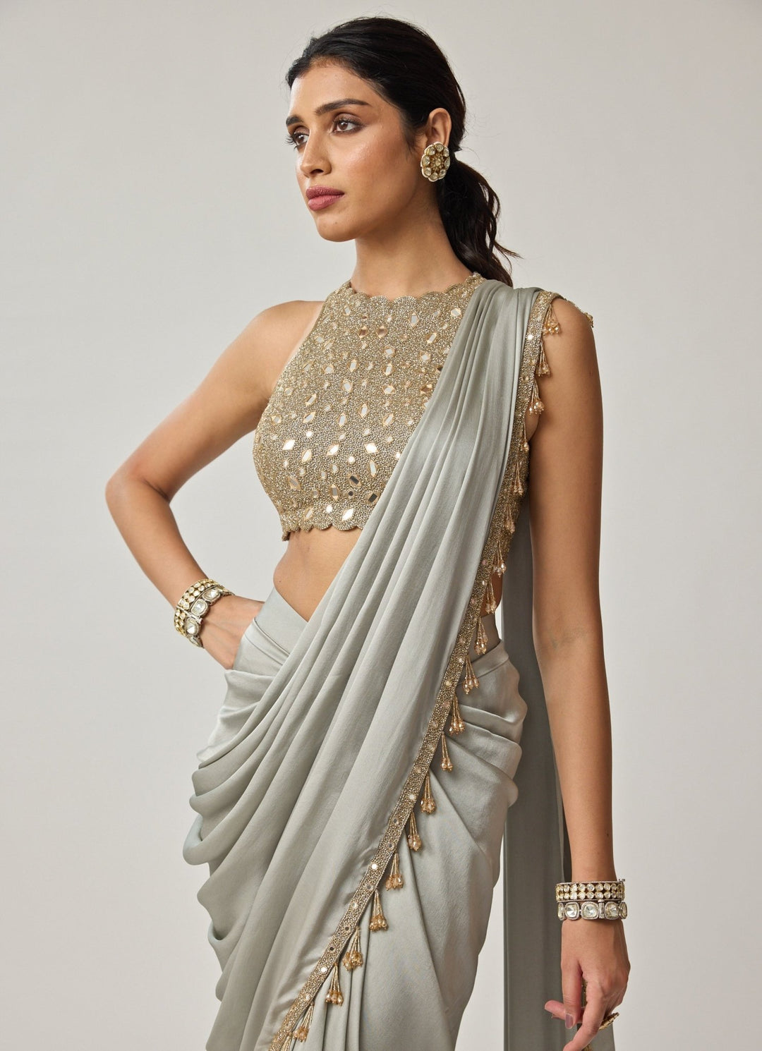 Powder Grey Mirror Embroidered Satin Saree Set Vvani by Vani Vats - Fabilicious Fashion