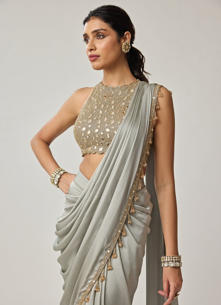 Powder Grey Mirror Embroidered Satin Saree Set Vvani by Vani Vats - Fabilicious Fashion