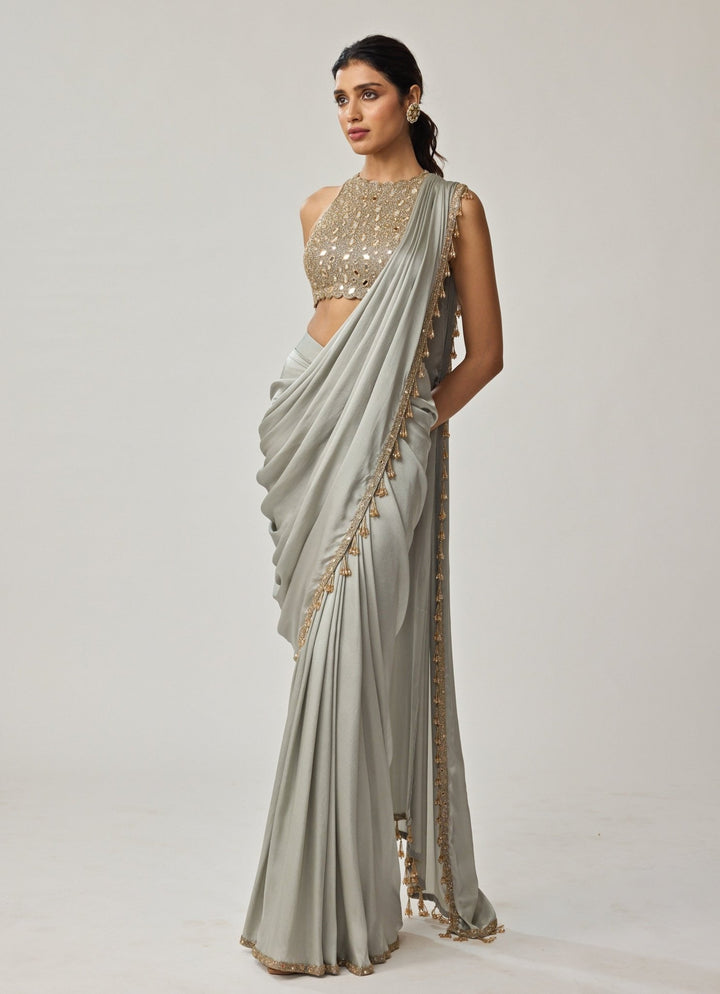 Powder Grey Mirror Embroidered Satin Saree Set Vvani by Vani Vats - Fabilicious Fashion