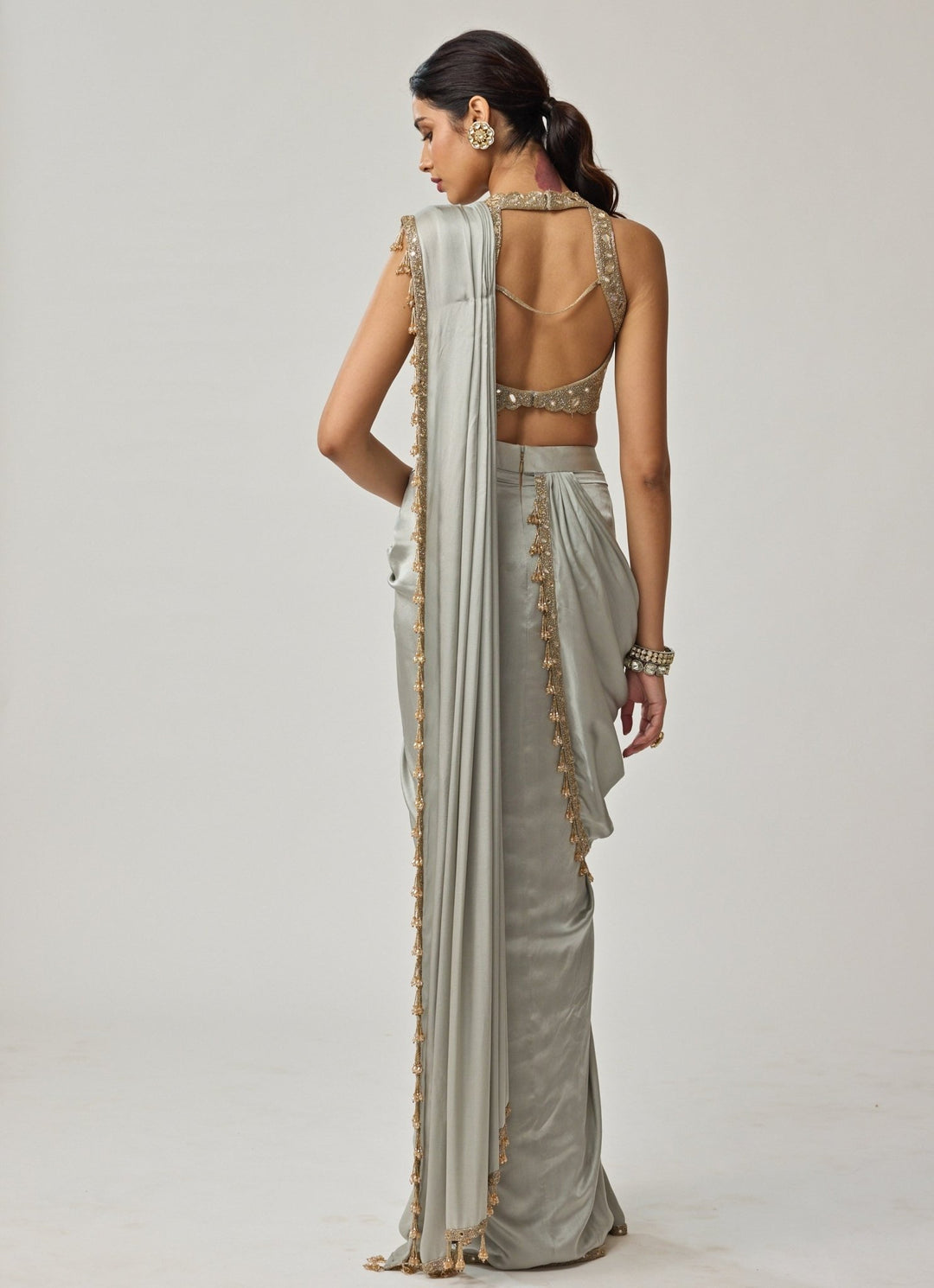 Powder Grey Mirror Embroidered Satin Saree Set Vvani by Vani Vats - Fabilicious Fashion