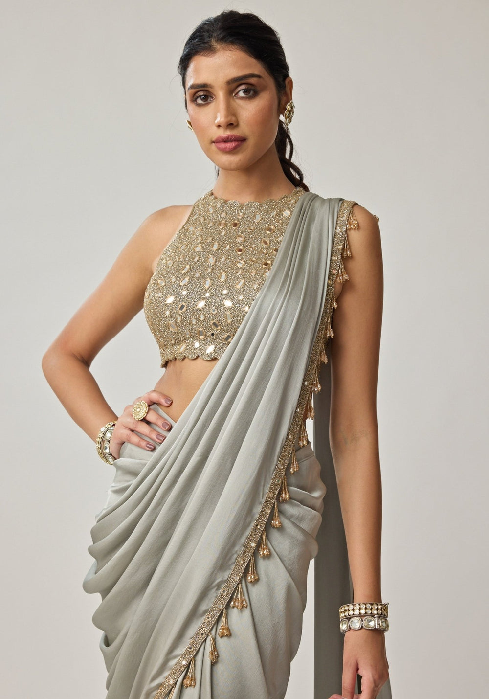 Powder Grey Mirror Embroidered Satin Saree Set Vvani by Vani Vats - Fabilicious Fashion