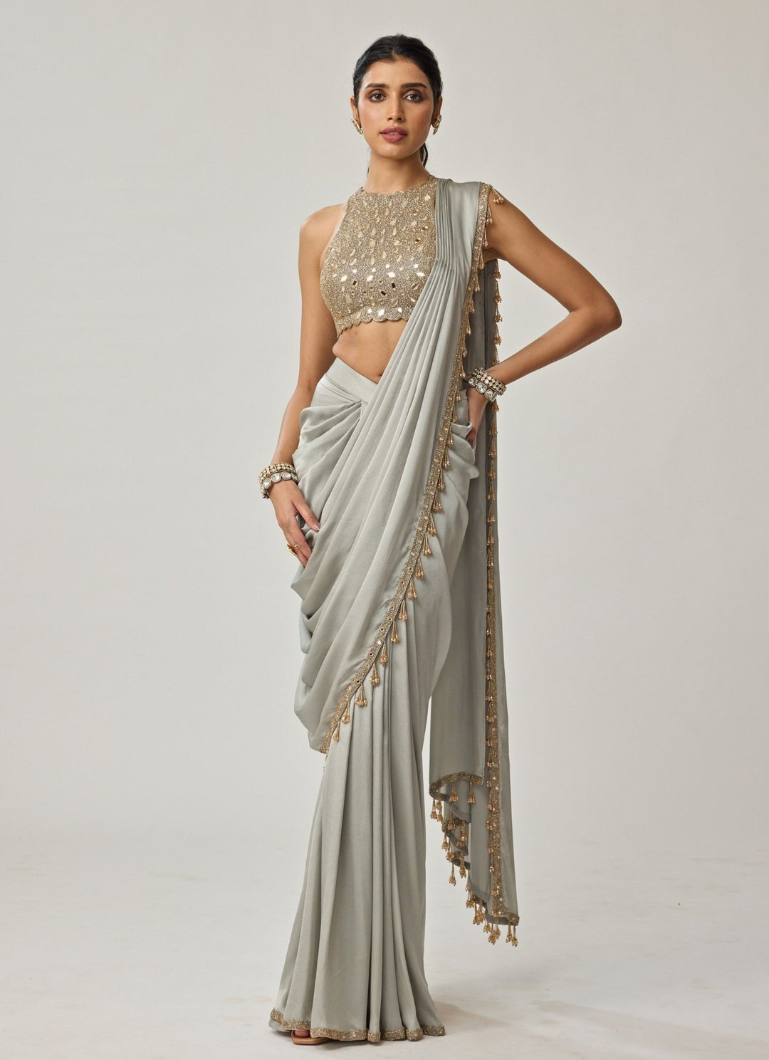 Powder Grey Mirror Embroidered Satin Saree Set Vvani by Vani Vats - Fabilicious Fashion