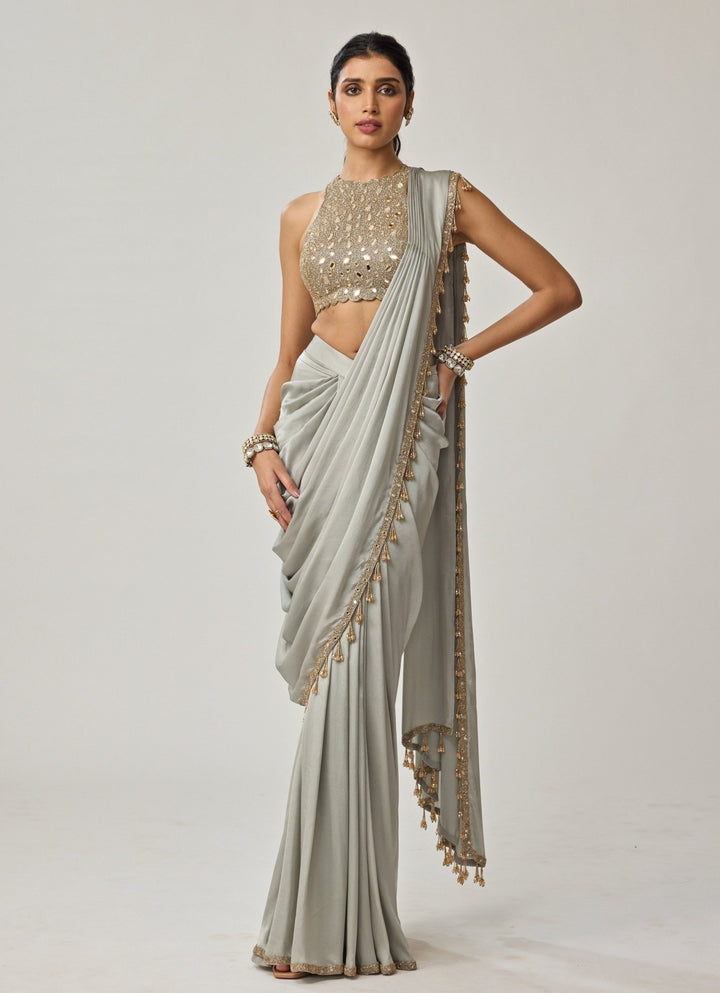 Powder Grey Mirror Embroidered Satin Saree Set Vvani by Vani Vats - Fabilicious Fashion