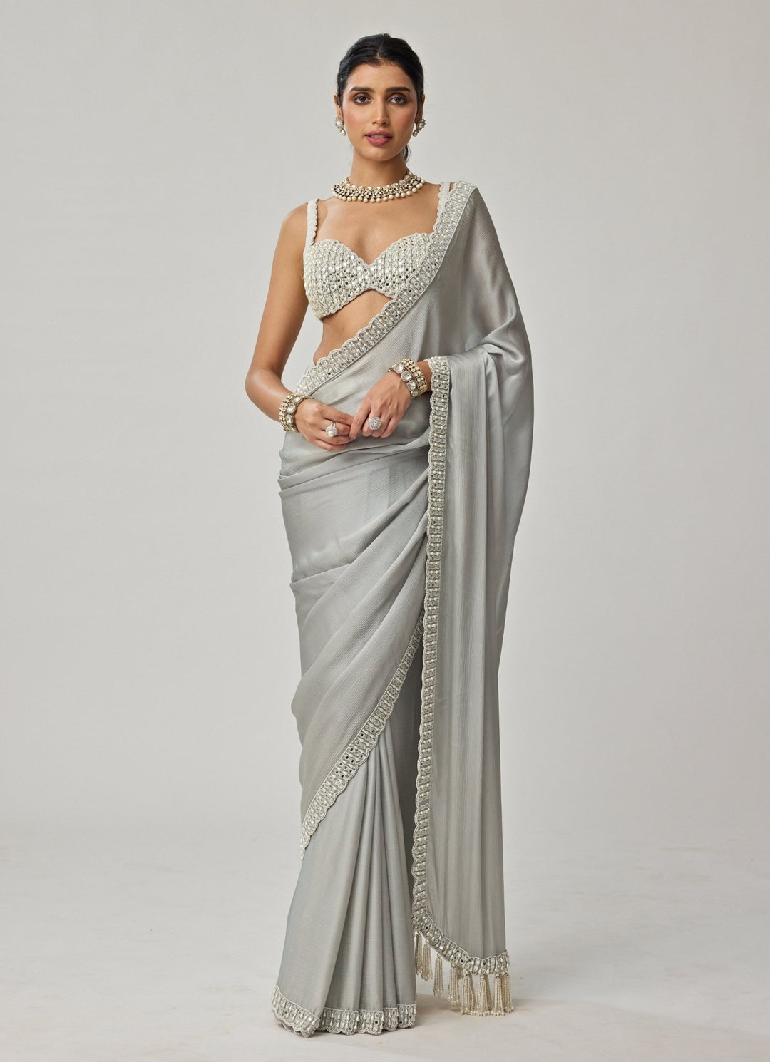 Powder Grey Pearl And Mirror Embroidered Chiffon Saree Set Vvani by Vani Vats - Fabilicious Fashion