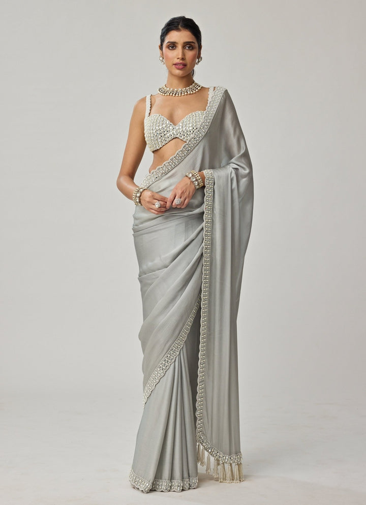 Powder Grey Pearl And Mirror Embroidered Chiffon Saree Set Vvani by Vani Vats - Fabilicious Fashion