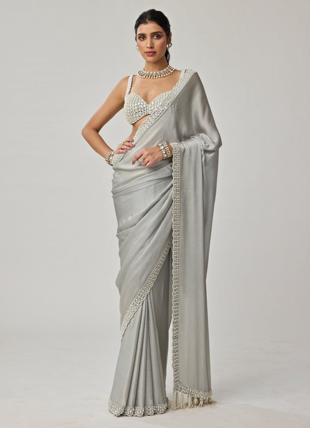 Powder Grey Pearl And Mirror Embroidered Chiffon Saree Set Vvani by Vani Vats - Fabilicious Fashion