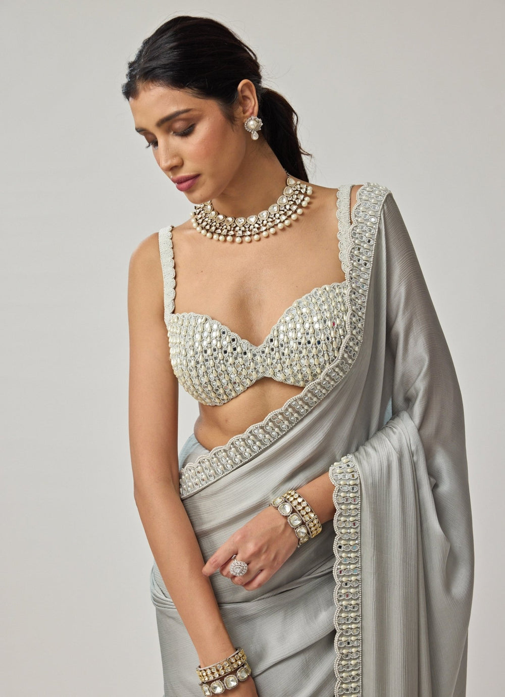 Powder Grey Pearl And Mirror Embroidered Chiffon Saree Set Vvani by Vani Vats - Fabilicious Fashion