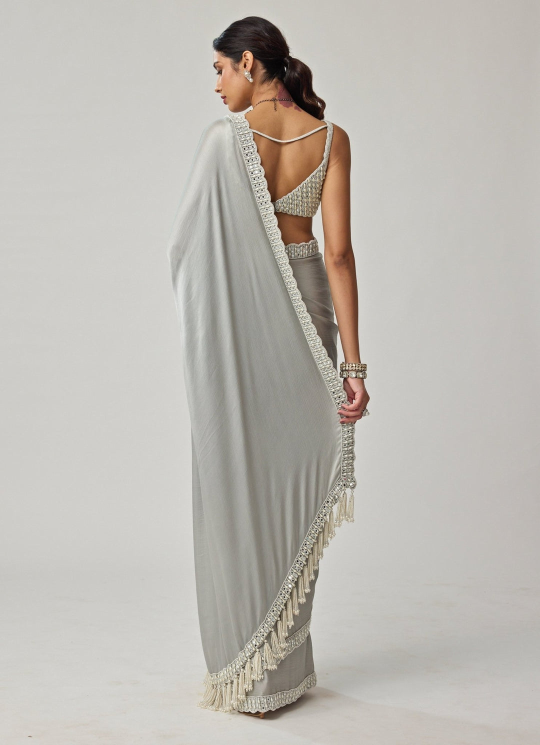 Powder Grey Pearl And Mirror Embroidered Chiffon Saree Set Vvani by Vani Vats - Fabilicious Fashion