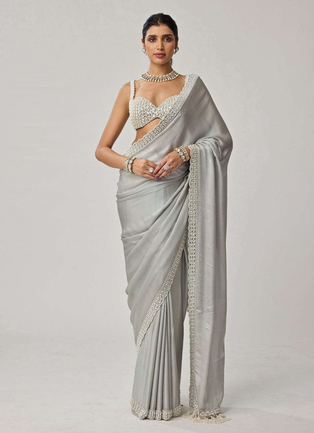 Powder Grey Pearl And Mirror Embroidered Chiffon Saree Set Vvani by Vani Vats - Fabilicious Fashion