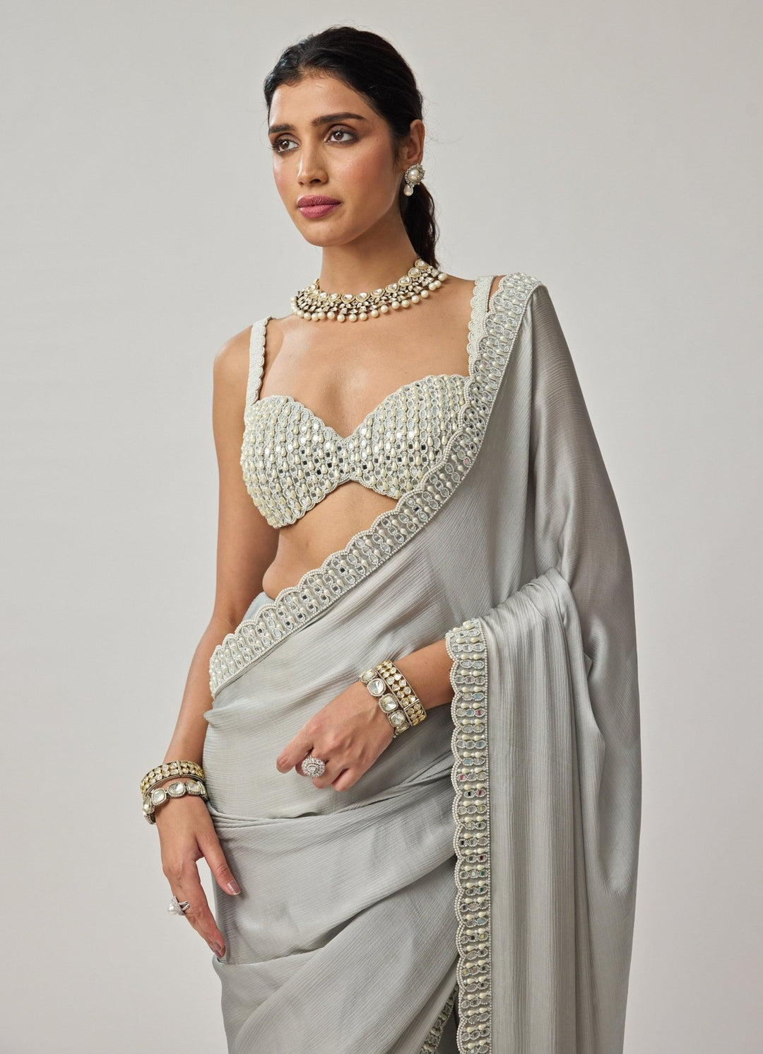 Powder Grey Pearl And Mirror Embroidered Chiffon Saree Set Vvani by Vani Vats - Fabilicious Fashion