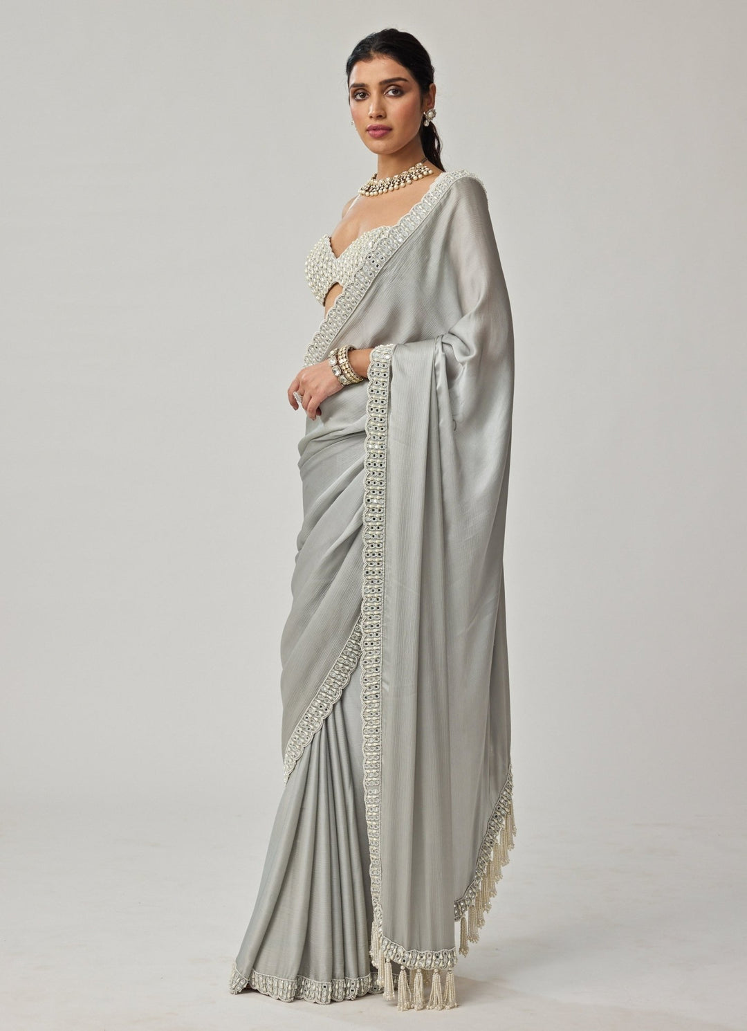 Powder Grey Pearl And Mirror Embroidered Chiffon Saree Set Vvani by Vani Vats - Fabilicious Fashion