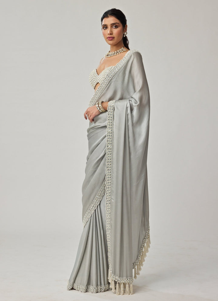 Powder Grey Pearl And Mirror Embroidered Chiffon Saree Set Vvani by Vani Vats - Fabilicious Fashion