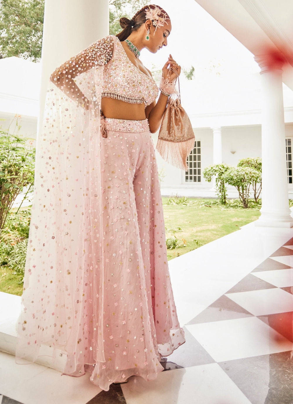 Powder Pink One Shoulder Draped Blouse Sharara Set Mani Bhatia - Fabilicious Fashion
