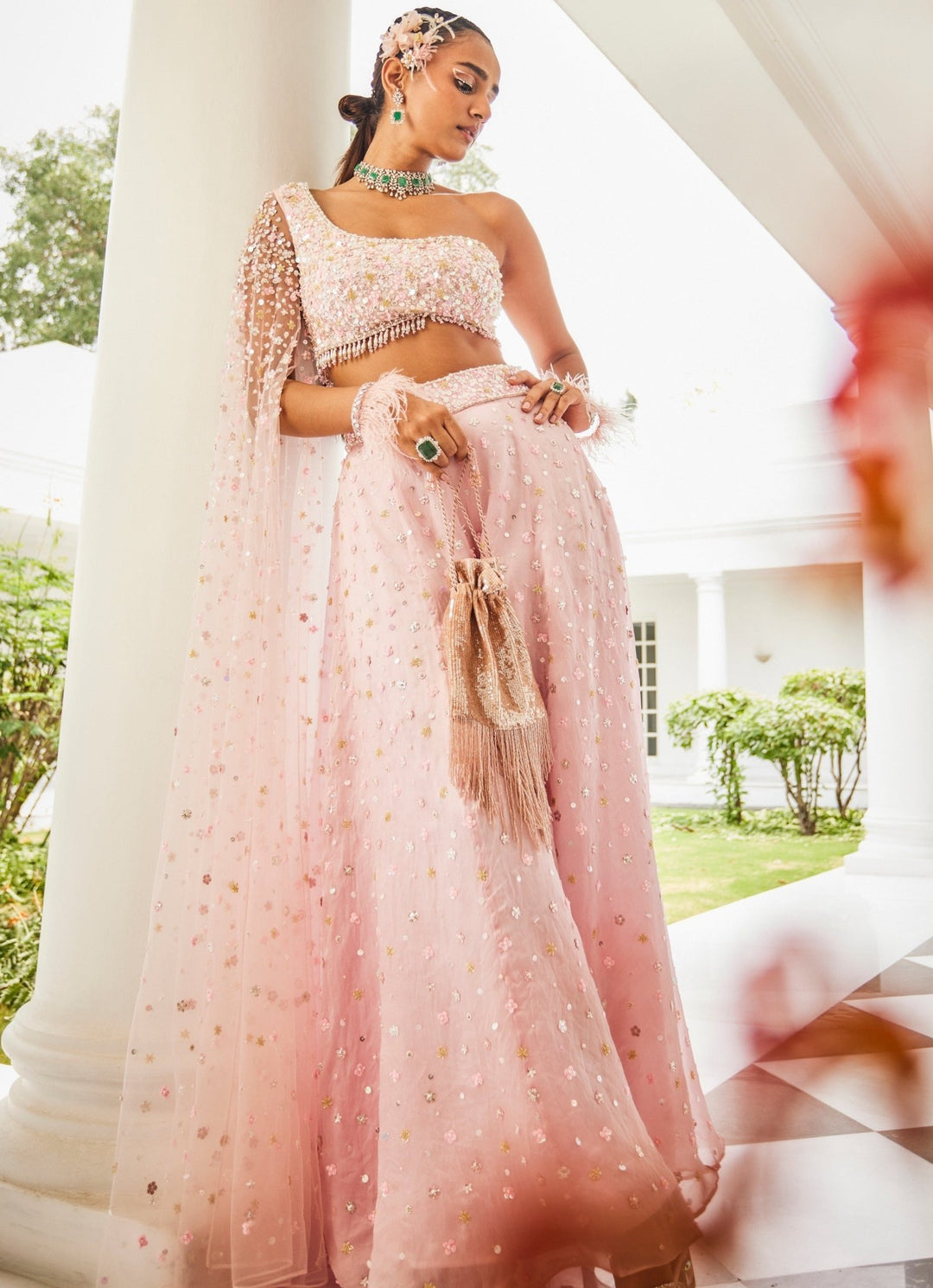 Powder Pink One Shoulder Draped Blouse Sharara Set Mani Bhatia - Fabilicious Fashion