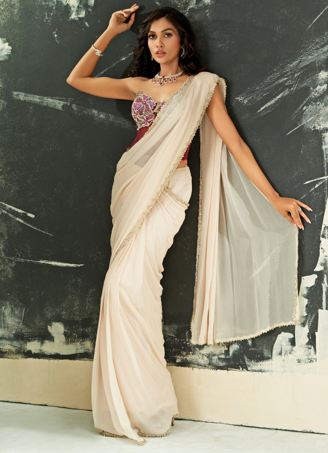 Powder Pink Predraped Georgette Saree Set With Red Corset Priti Sahni - Fabilicious Fashion