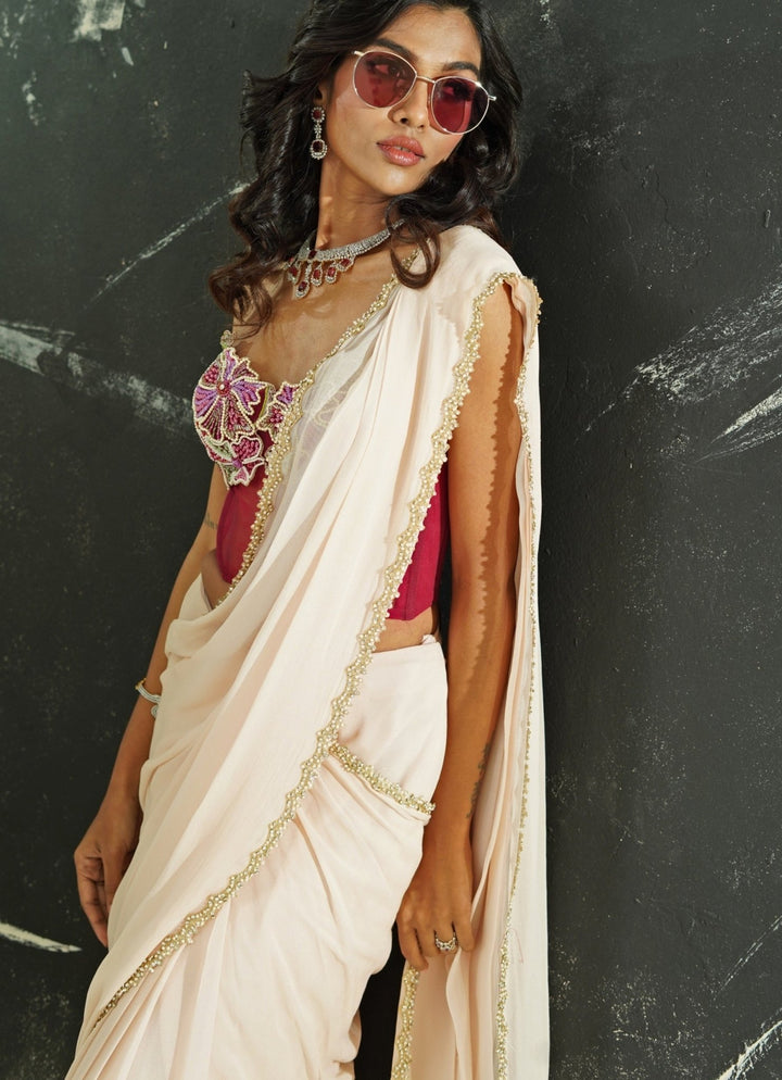 Powder Pink Predraped Georgette Saree Set With Red Corset Priti Sahni - Fabilicious Fashion