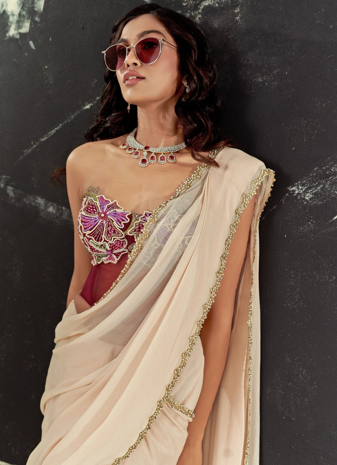 Powder Pink Predraped Georgette Saree Set With Red Corset Priti Sahni - Fabilicious Fashion