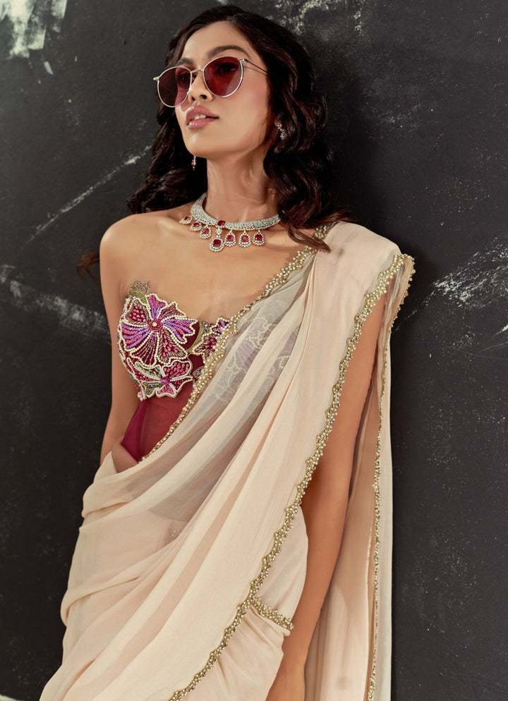 Powder Pink Predraped Georgette Saree Set With Red Corset Priti Sahni - Fabilicious Fashion