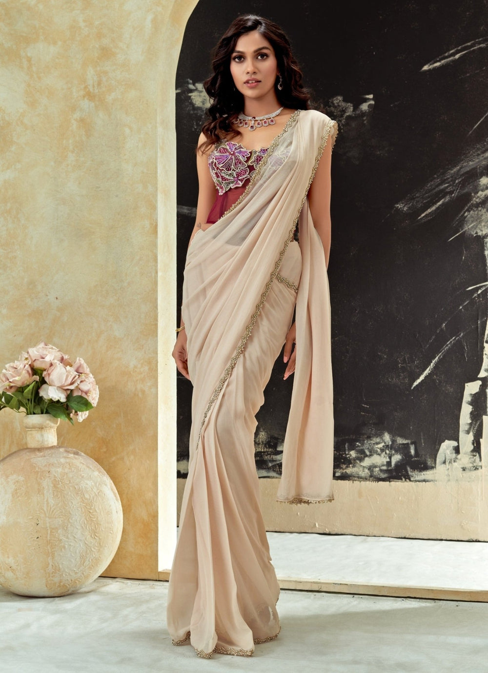 Powder Pink Predraped Georgette Saree Set With Red Corset Priti Sahni - Fabilicious Fashion