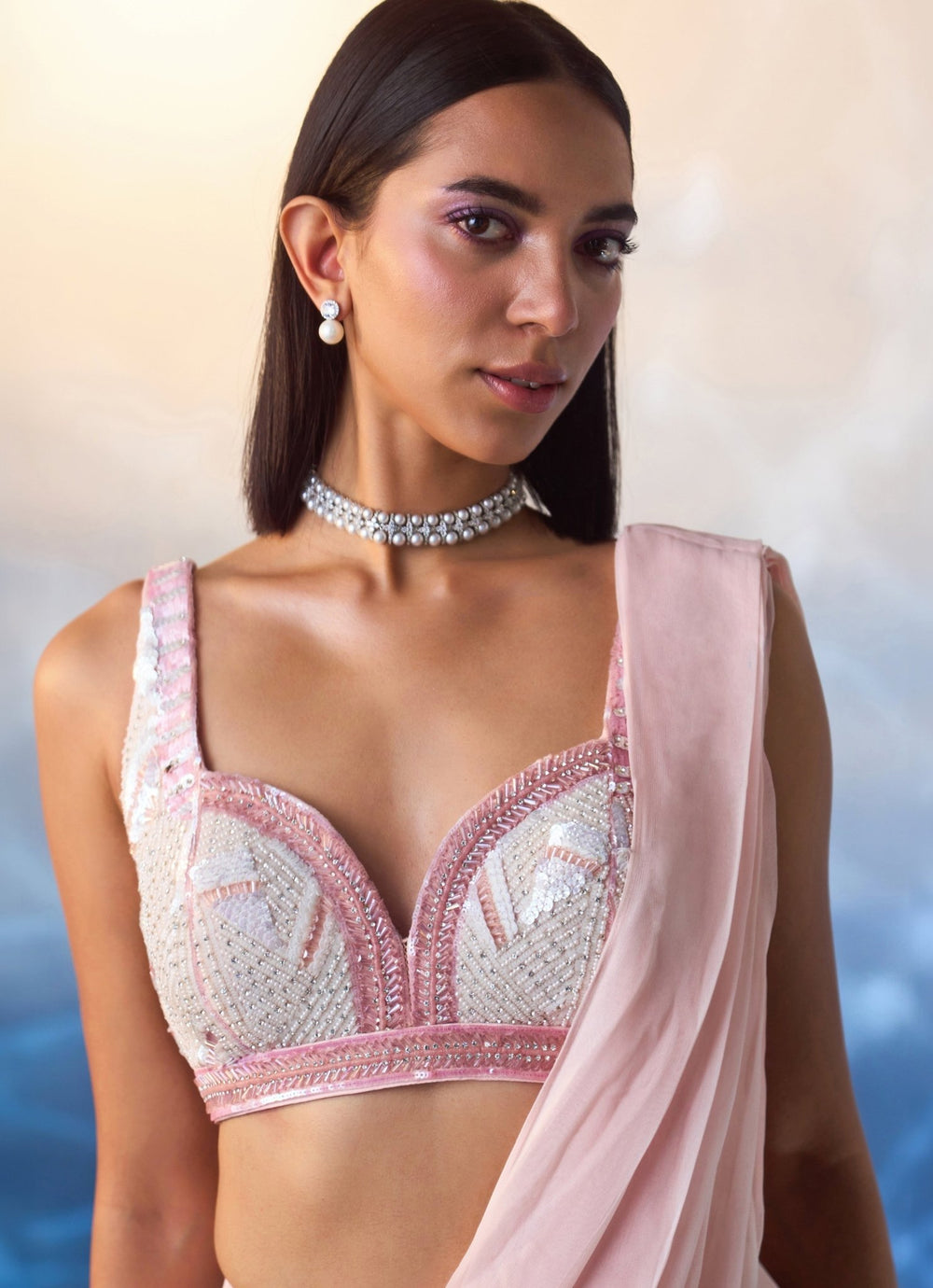 Powder Pink Sequined Georgette Predraped Saree Angad Singh - Fabilicious Fashion