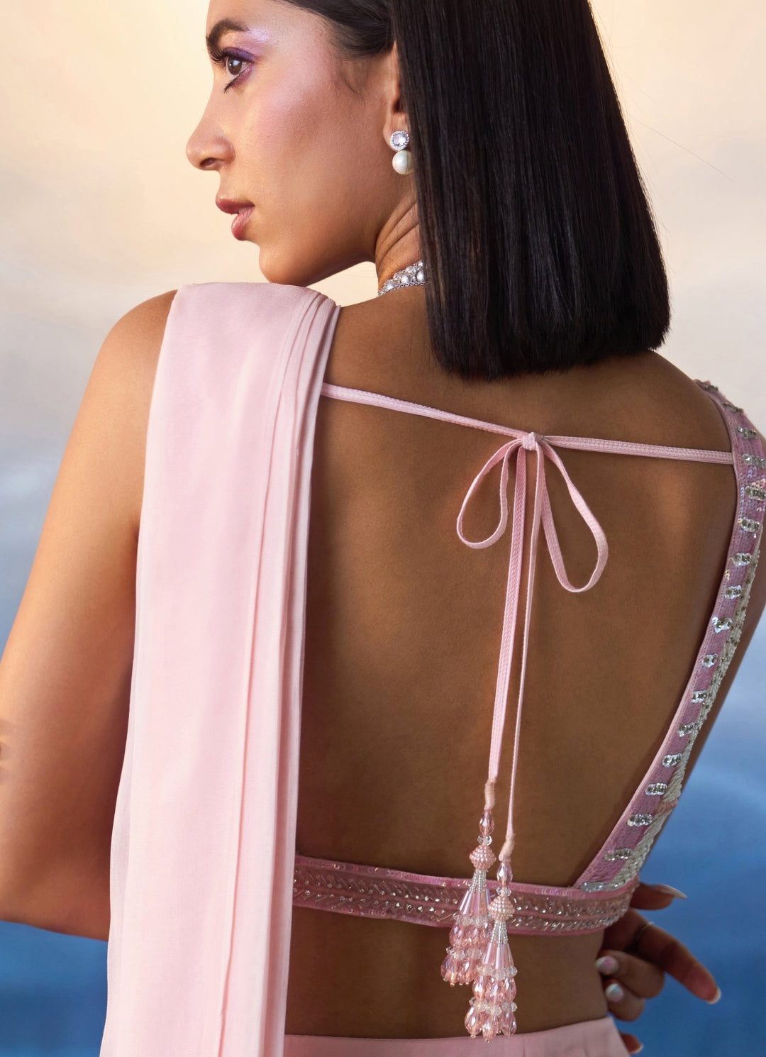Powder Pink Sequined Georgette Predraped Saree Angad Singh - Fabilicious Fashion